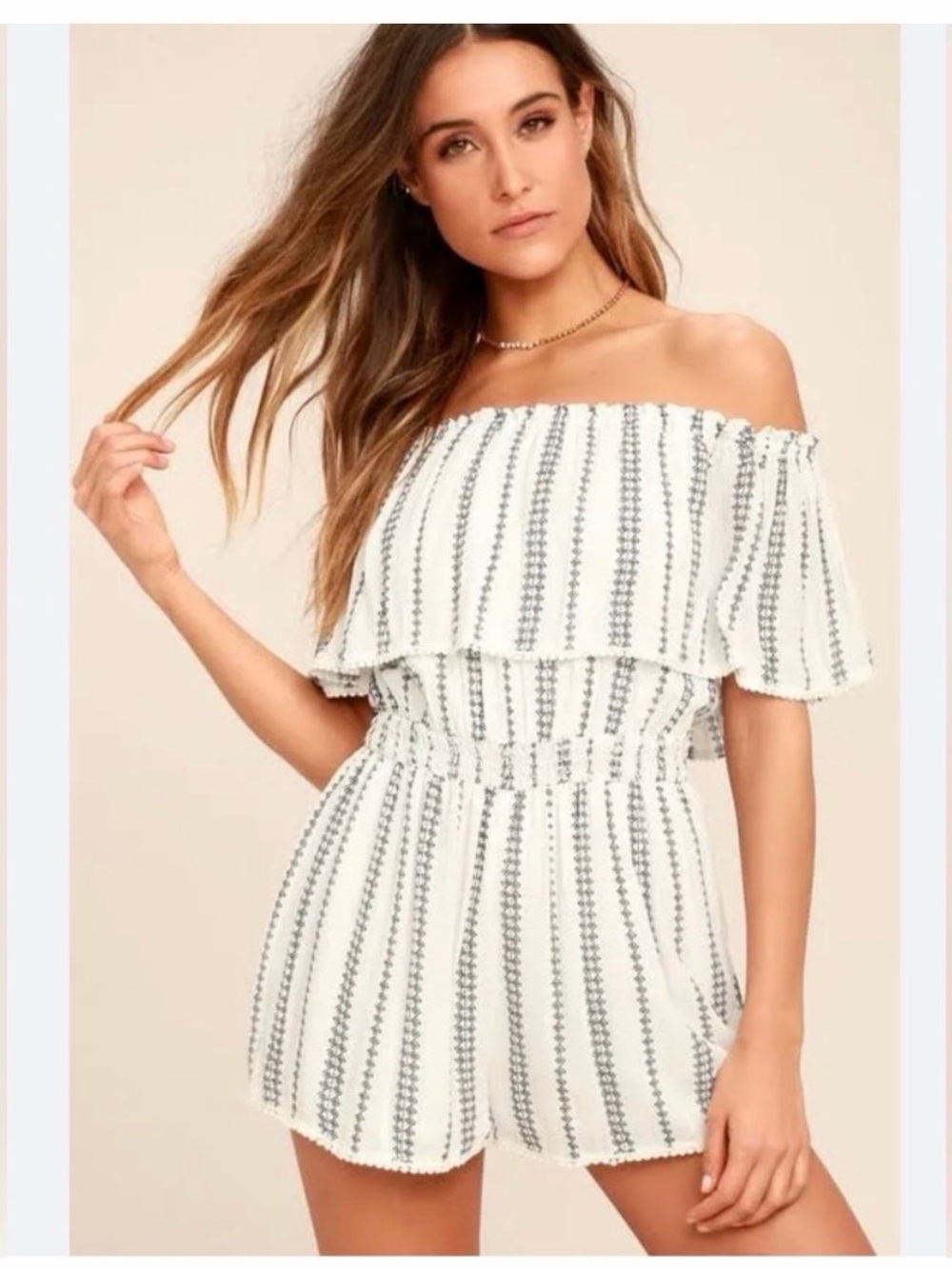 Lulus Off Shoulder Navy and White Boho Romper - XS